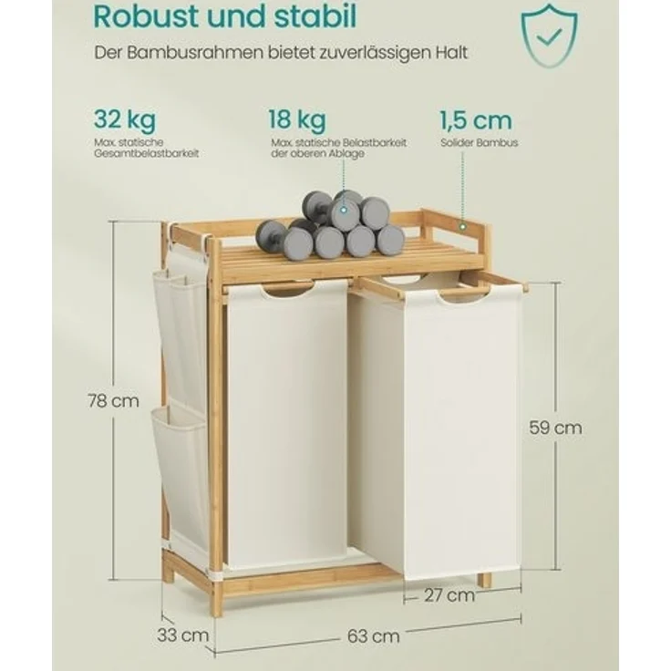 SONGMICS Wäschekorb, 2 Fächer, Bambus, 100 L, mit Ablage, kleine seitliche Taschen, 2 x 50 L, cremeweiß, 63 x 33 x 78 cm – Bild 4