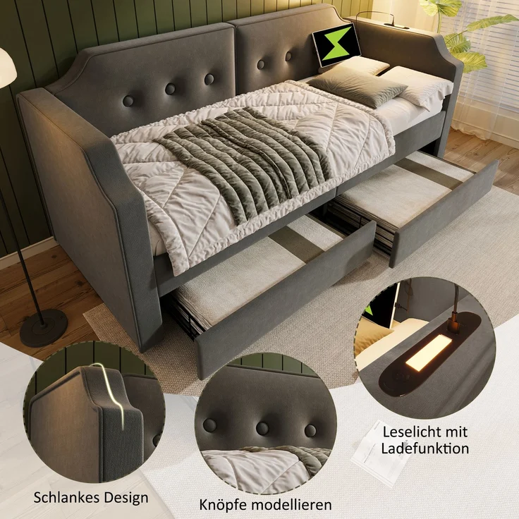 Schlafsofa Grau mit USB Type-C, Leselampe und 2 Schubladen, Samtbezug, 90x200 cm – Bild 4