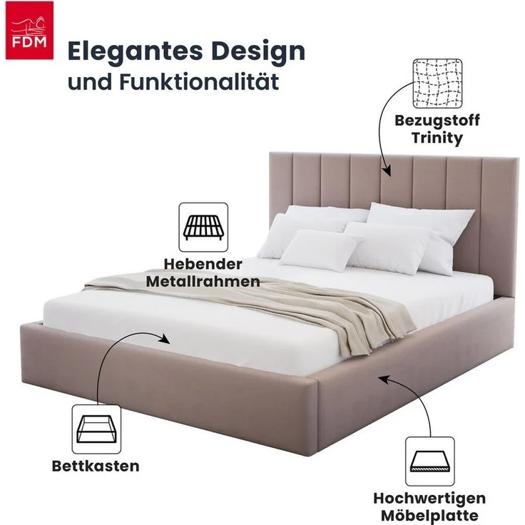 FDM Polsterbett KAJA modern mit Bettkasten MADE IN EU - mit hochwertigem Paris Bezug (verfügbar 90x200 120x200 140x200 160x200 180x200 cm, Bettrahmen, Bett, mit großen gepolsterten Kopfteil, mit Bettkasten zum aufklappen), Hebbarer Metallrahmen, Bettkas... – Bild 2