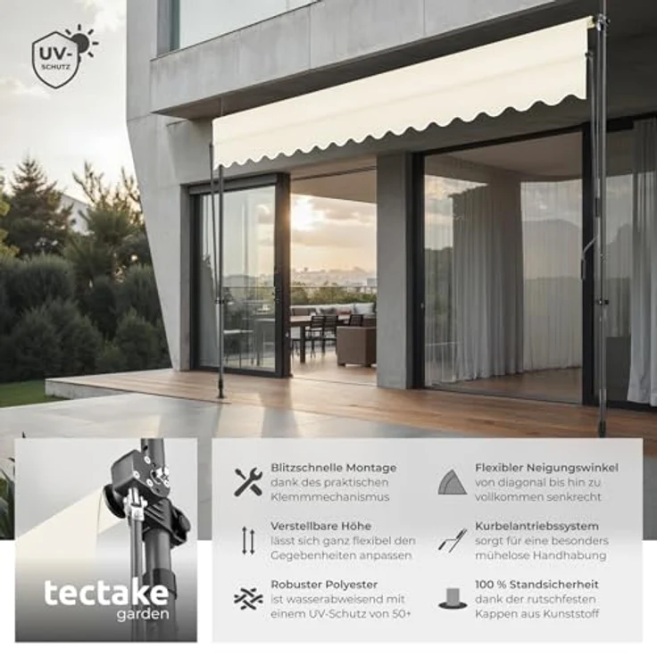 tectake® Klemmmarkise mit Handkurbel, Balkon Markise ohne Bohren, Markise höhenverstellbar, UV-beständig, wasserabweisend, Terrassenüberdachung, Sonnenschutz Terrasse & Balkon, Breite 400 cm - beige – Bild 3