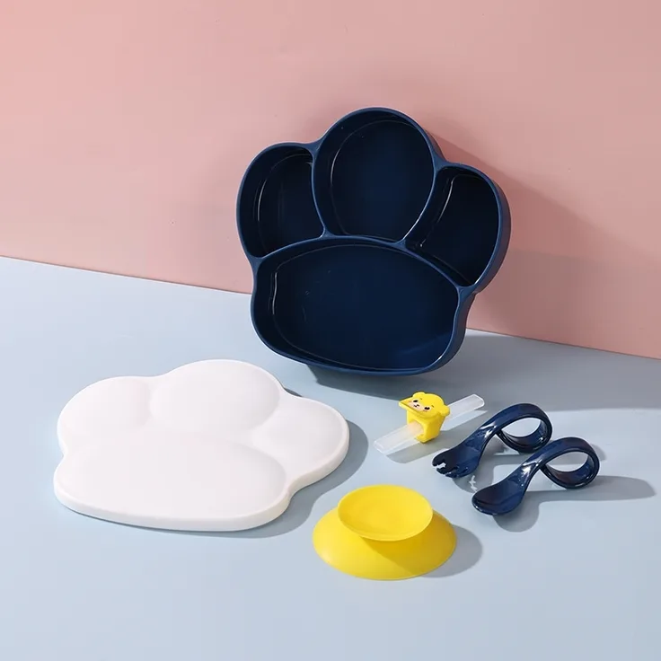 ABC Dunkelblaues 6-teiliges Baby-PP-Essteller-Set, Kindergeschirr-Set, integrierte Fächer, inklusive Baby-Silikon-Trinkbecher, Strohhalm und Übungslöffel