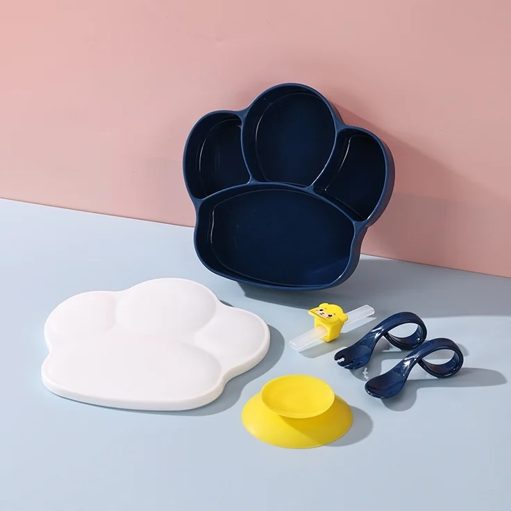 ABC Dunkelblaues 6-teiliges Baby-PP-Essteller-Set, Kindergeschirr-Set, integrierte Fächer, inklusive Baby-Silikon-Trinkbecher, Strohhalm und Übungslöffel – Bild 1