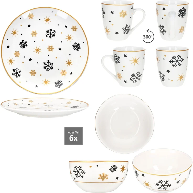 18tlg Frühstücksset Stars schwarz gold Steingut 6 Personen Teller Schale Becher – Bild 4