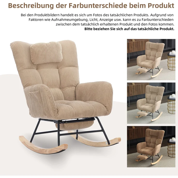 Schaukelstuhl aus Cordstoff in Braun mit hoher Rückenlehne, Beinstütze, Seitentasche, Relax Sessel für Wohnzimmer & Babyzimmer – Bild 7