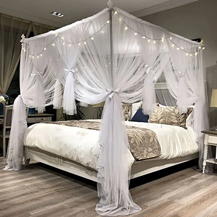 Joyreap Bettvorhang mit 4 Ecken, für Mädchen und Erwachsene, luxuriöses, gemütliches Drapiernetz, niedliche Prinzessinnen-Schlafzimmer-Dekoration, Zubehör (weiß, 218,4 cm B x 198,1 cm L, King-Size) – Bild 5
