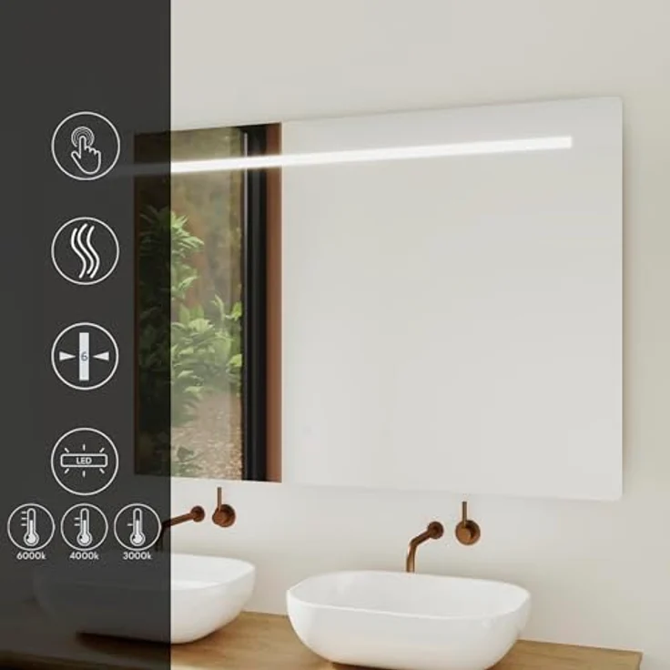 Baikal Rechteckiger Badezimmerspiegel | 70x80 cm | Dicke 6 mm | LED-Stange | Touch mit Anti-Beschlag | Farbtöne 3500 K/4000 K/6000 K | Spiegel mit Licht | Spiegel mit LED – Bild 2