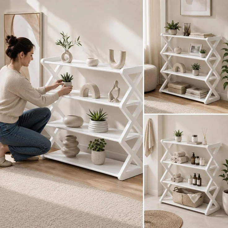 Bücherregal, Schuhregal, Wohnzimmerregal, Aufbewahrungsregal, Schuhschrank, 50x42 cm, weiß – Bild 5