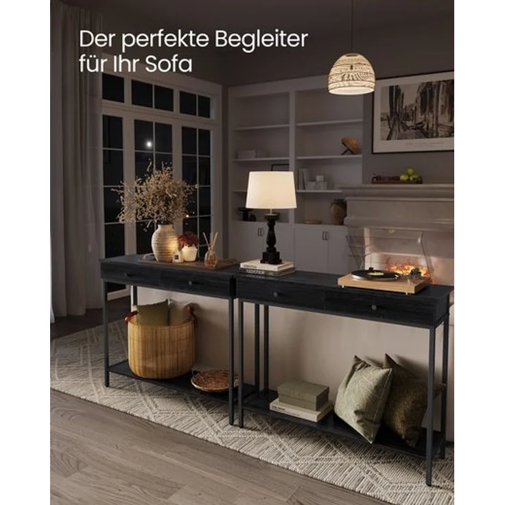 Vasagle Konsolentisch, Flurtisch, Beistelltisch, Sofatisch mit 2 Schubladen, Stahlgestell, Flur, Wohnzimmer, Industrie-Design, anthrazitgrau-tintenschwarz LNTDE015B07 – Bild 2