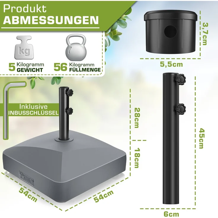 tillvex® Sonnenschirmständer GRAVIA mit Rollen & Bremsen Anthrazit | Schirmständer befüllbar 37 Liter / 56 kg | Schirmgewicht Sonnenschirm & Marktschirm Ø 1,8-3,7m | Ampelschirmständer wetterfest – Bild 3