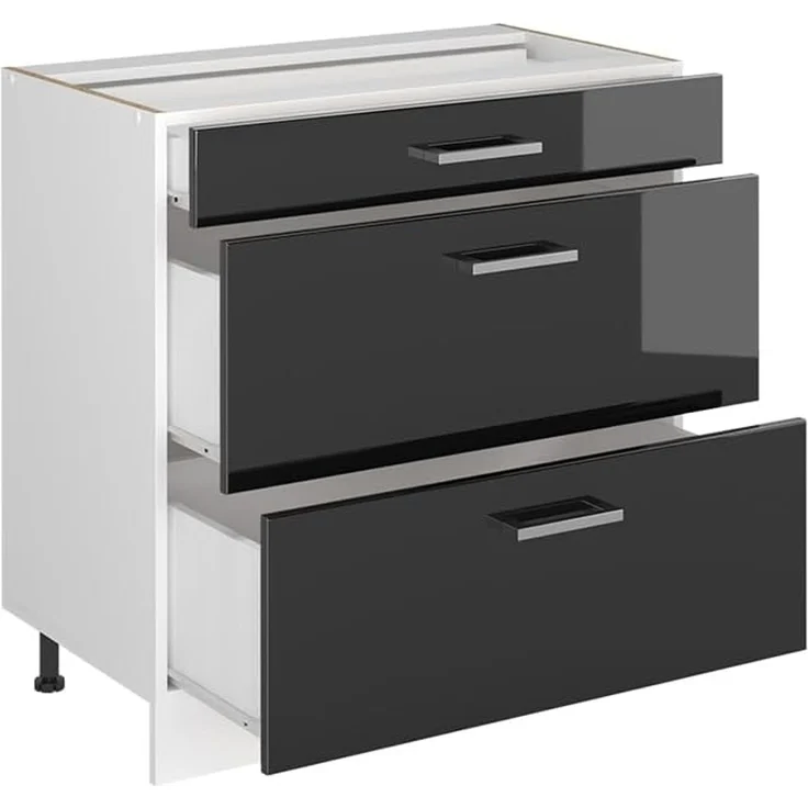 Küchenunterschrank R-Line Anthrazit Hochglanz/Weiß 80 cm mit 3 Schubladen Arbeitsplatte Anthrazit Vicco – Bild 4