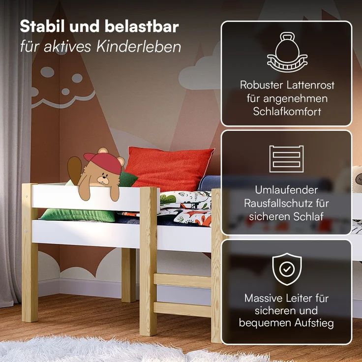 Bellabino 'Aspy' Halbhochbett 90x200 cm mit Matratze, weiß, Kinderbett mit Rausfallschutz und Lattenrost, Hochbett mit Leiter – Bild 3