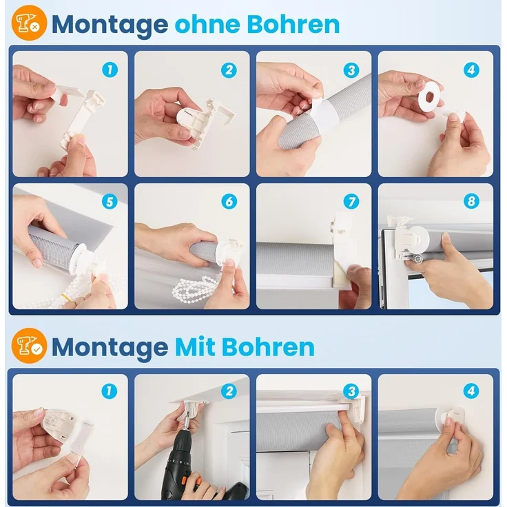 Grandekor Doppelrollo Klemmfix ohne Bohren Hellgrau 45x150 cm(Stoffbreite 41cm) Fenster Rollos für innen Klemmrollos Duo Rollos für Fenster ohne Bohren mit Bohren Privatschutz UV-Schutz Zebrarollo – Bild 3