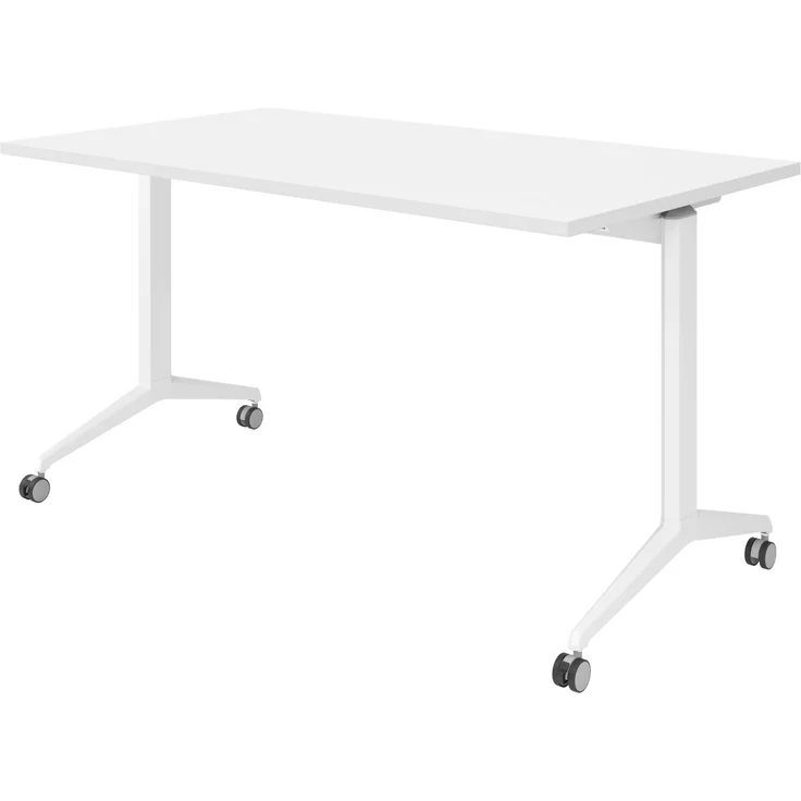 bümö Seminartisch klappbar fahrbar 140x80 cm weiß, Gestell weiß - Klapptisch staffelbar, mit vier Doppelrollen Büro Schulungstisch, KFZ14-W-W – Bild 1