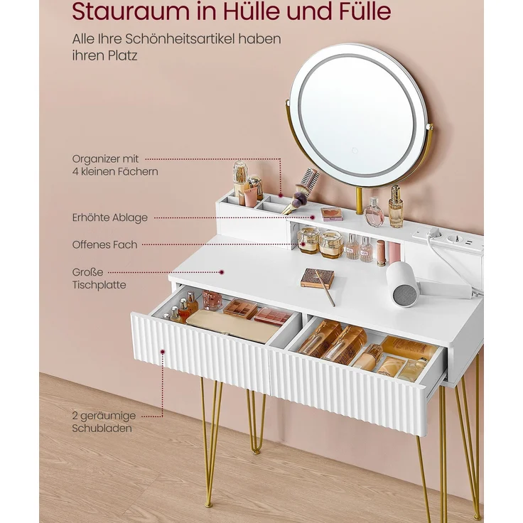 Vasagle Schminktisch, mit Hocker und Beleuchtung, Steckdosenleiste, Spiegel, mit Schubladen, gepolsterter Sitzhocker, Holz mattweiß-blassgold, 40 x 80 x 134,8 cm – Bild 4