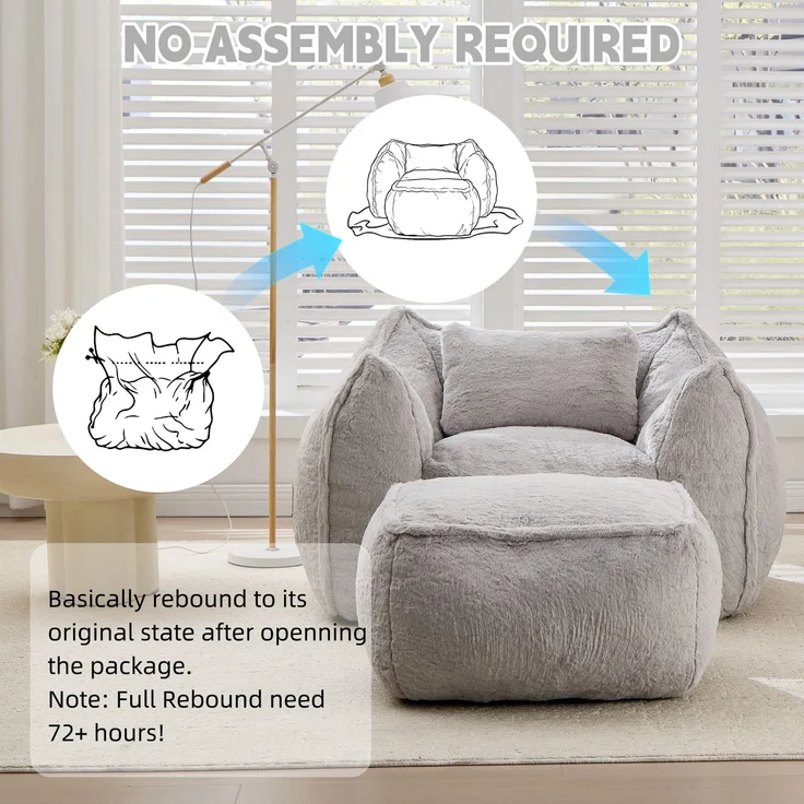 Riesiger Sitzsack für Erwachsene und Kinder, Sitzsack-Sofa mit Kunstfellbezug, Kissen und Hocker, bequemes Lese- und Spielsofa für Schlaf- und Wohnzimmer, Grau--Grau--123x157x73cm--YOUDENOVA – Bild 6