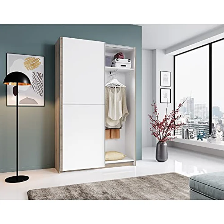 Stella Trading FAST Eleganter Kleiderschrank / Garderobenschrank mit viel Stauraum - Vielseitiger Schwebetürenschrank in San Remo Optik, weiß - 125 x 195 x 38 cm (B/H/T) – Bild 6