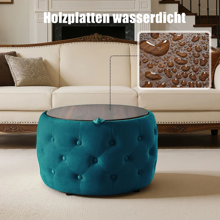 Hocker-Set, 2 Stück, H 38 x T 60 x B 60 cm, blauer Samtbezug, ineinander verstaubar, mit Stauraum – Bild 9