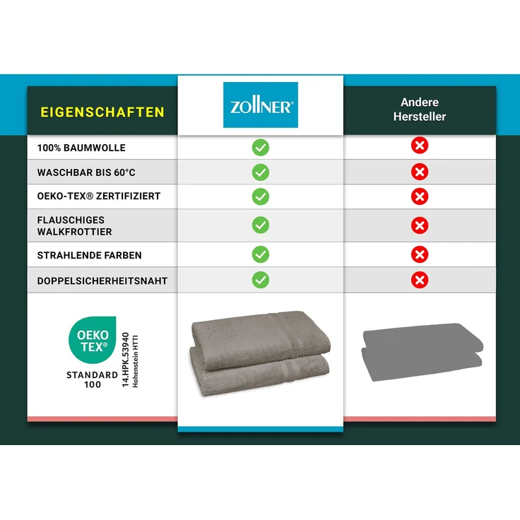 ZOLLNER Saunatücher 2er Set, 70x180 cm, Baumwolle, 450g/qm, fango – Bild 4