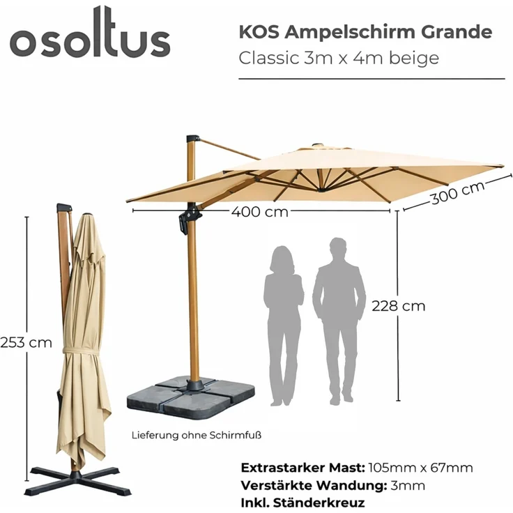 osoltus KOS Ampelschirm Alu Wood beige 400x300cm axial schwenkbar – Bild 3