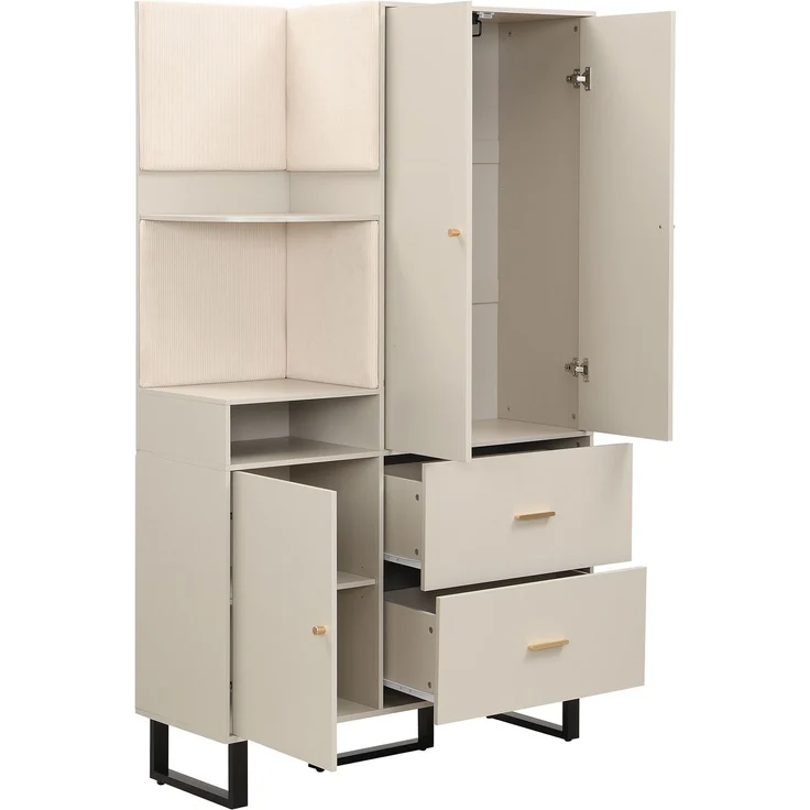 CHICFURN Schrank 110x186x38 cm mit gepolsterten Stoffpaneelen und 2 Schubladen – Beige+Grau – Bild 8