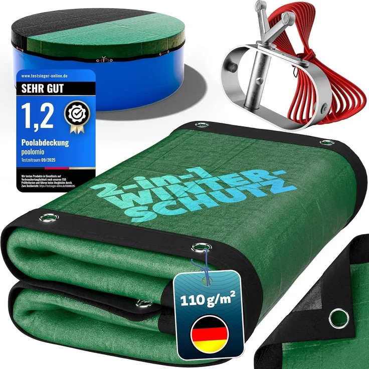 poolomio Poolabdeckung rund 730 cm, Poolplane Rundpool für Sommer & Winter | Abdeckplane für Pool 710-750 cm – 200 g/m² robustes, UV-resistentes PE – Stahlseil & Ratsche für festen Halt –Echtmaß: 780 cm