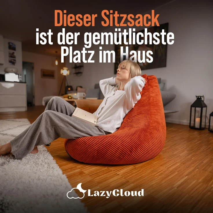 LazyCloud Sitzsack für Erwachsene mit integrierter [Nackenstütze] Cord | XXL Indoor Bean Bag mit Füllung | perfekt als Chill-, Lese- oder Gaming Sessel (90 x 80 x 70 cm) (Korallrot) – Bild 2