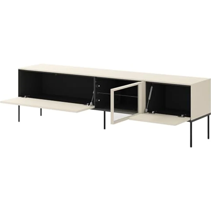 Selsey TV-Lowboard 196 cm Cremefarbenes Mattes Design Hochwertige Spanplatte & Gehärtetes Glas Schwarze Metallbeine Integriertes Eye-LED mit Touch Push-to-Open Ideal fürs Wohnzimmer – Bild 6