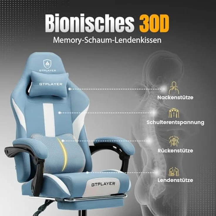 GTPLAYER Gaming-Stuhl Ergonomischer Gaming Sessel Schreibtischstuhl Gamer Stuhl aus Stoff, Federsitzkissen mit Fußstütze – Bild 7