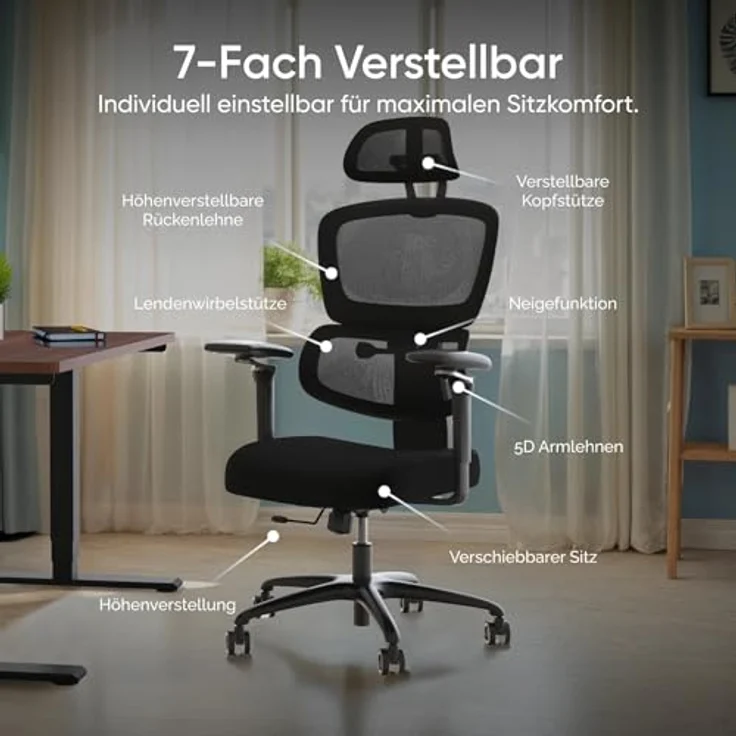 DESKSPACE® Move Pro Ergonomischer Bürostuhl mit intelligenter Lordosenstütze, 3-stufiger Neigung, höhenverstellbarer Rückenlehne, atmungsaktivem Netzgewebe, für bis zu 150 kg (Schwarz) – Bild 1