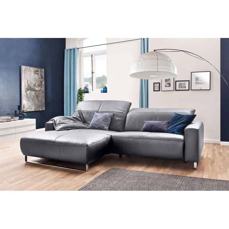 KAWOLA Sofa YORK Leder Life-line light-grey Rec links Fuß Metall Chrom matt mit Sitztiefenverstellung 85 x 111 x 284 cm