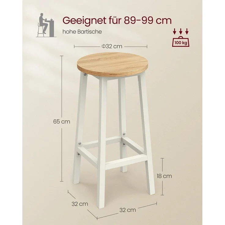 VASAGLE Barhocker, 4er Set Barstuhl, Küchenstühle mit Stahlgestell, Höhe 65 cm, rund, einfache Montage, Industrie-Design, von SONGMICS, Weiß – Bild 2
