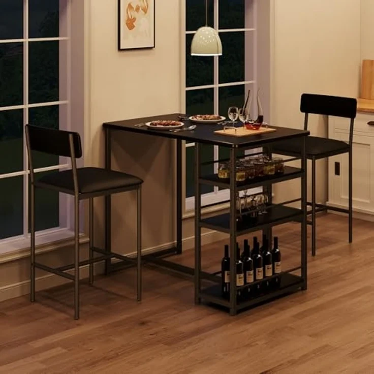 Bartisch mit Barhocker Set, Barhocker 3er Set für 2 Personen mit 1 Tisch + 2 Gepolsterte Stühle, Rückenlehne - Küchentisch mit 3 Ablagen, Esstisch für Wohnzimmer, Esszimmer und Küche, Schwarz – Bild 1