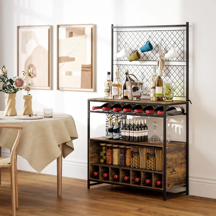 HOMCOM Küchenregal, Standregal mit 5 S-Haken, 2 Ablagen, Metallgitterpaneele, Kaffeebar mit Weinregal, Bäckerregal aus Metallrahmen, Rustikal-Braun, 96,5 x 38 x 165 cm – Bild 8