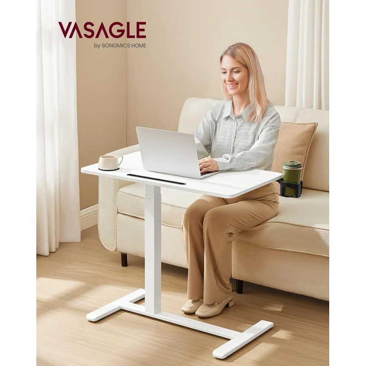VASAGLE Beistelltisch mit Rollen, mobiler Stehtisch, 80 x 45 cm große Tischplatte, verstellbare Höhe, 2 Getränkehalter, Schlitz für Handy oder Tablet, wolkenweiß – Bild 2