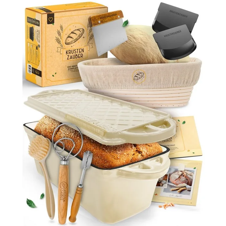 Krustenzauber Brotbackform Emaille Brotbackform 28cm mit Deckel im Komplettset, Kastenform Brot