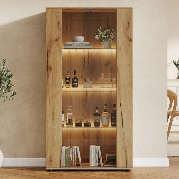 Vitrinenschrank mit 2 Glastüren, 4 Ablageflächen und verstellbarer LED-Beleuchtung – modernes Design für Wohnzimmer,nature,80×36×150.5cm--Natürlich--80x36x150.5cm--YOUDENOVA