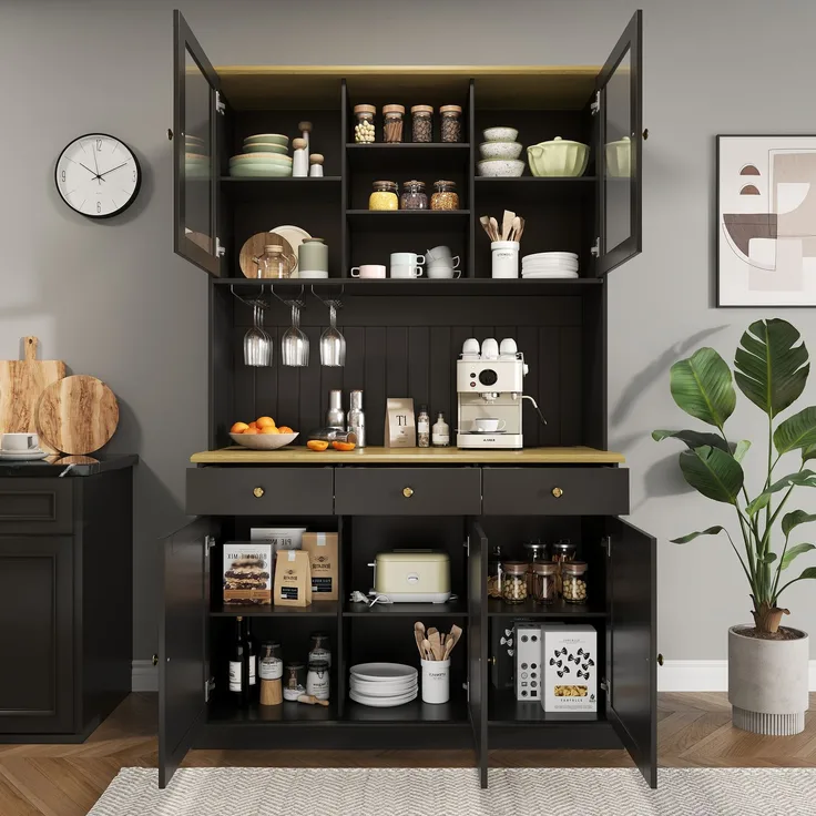 Merax 191cm Buffetschränke, Esszimmer-Hochschrank, mit Glastüren, Gläserhalter, mehrstufigem Stauraum, integrierter Steckdose sowie USB-C- und USB-A-Anschlüssen, Schwarz