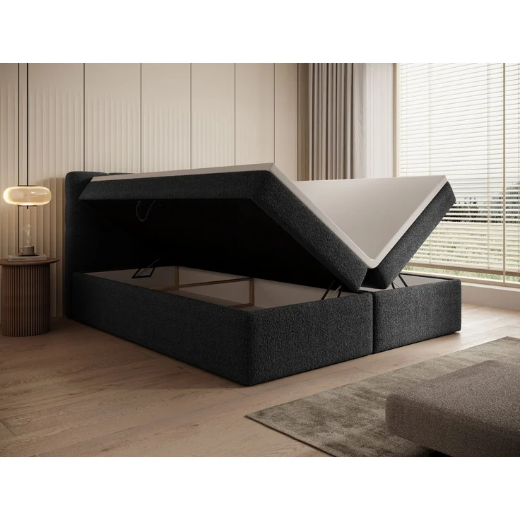 thematys Boxbett Luxus mit Bettkasten 140x200cm, mit Bonnellfederkernmatratze H3, Bouclé/Velours, mit Stauraum, mit 3 cm Topper, Anthrazit (Frotte 6), Art.-Nr. S0WGG0AN03Y – Bild 5