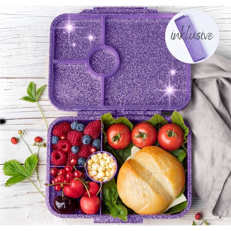 LEKKABOX Lunchbox Glitzer Brotdose, 4 Fächer - Kinder Bento Box Vesperdose Brotbox, Für feuchte Lebensmittel auslaufsichere Bento Box, inkl. extra Trenner