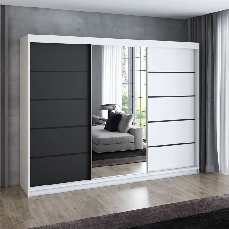 A&J MöbelLand 'Viluno 2' Schwebetürenschrank mit 4 Schubladen und Spiegel, Spanplatte, 215 x 59,5 x 200 cm, Schwarz / Weiß / Weiß – Bild 2