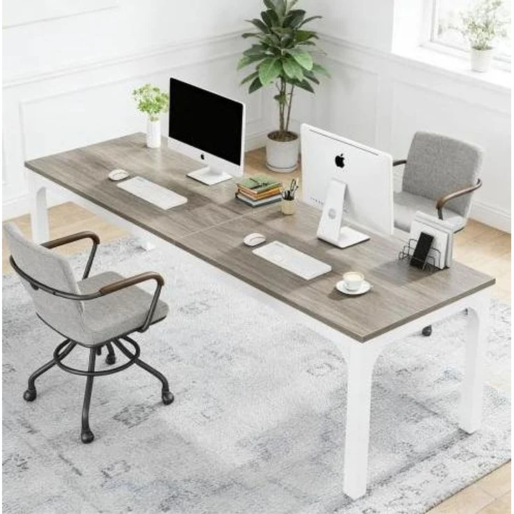 Schreibtisch für 2 Personen mit Metallgestell, 200x70x75 cm, Taupe/Weiß – Bild 3