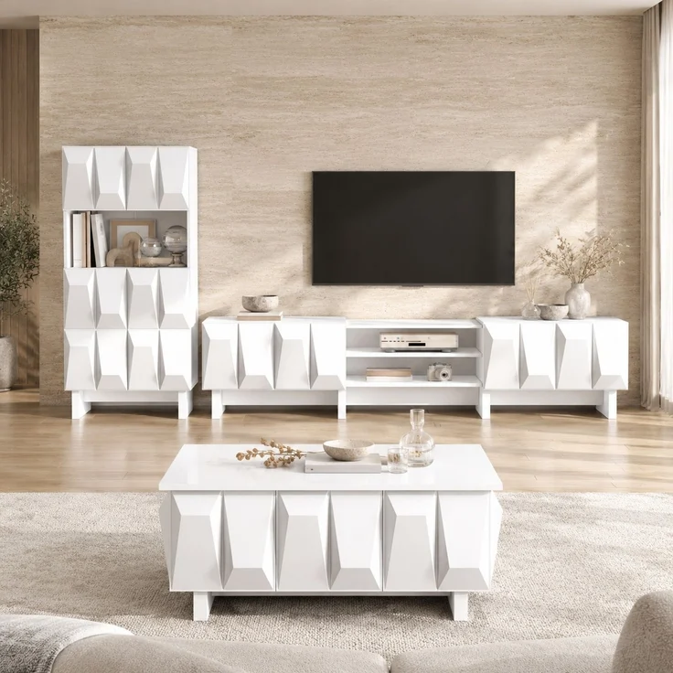 Wohnzimmermöbel-Set 3-teilig, Weiß, 3D-Front mit TV-Lowboard, Vitrine und Couchtisch,44.5x180x34 cm – Bild 4