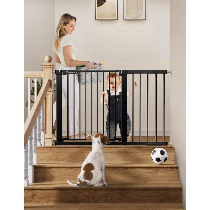 COMOMY 75-117cm Türschutzgitter Ohne Bohren, Treppenschutzgitter Auto Close mit Grün/Rotem Schild, Kindersicherung Tür, Türgitter für Hund/Katze, 90° Stop, mit Y-Spindel (76cm Hoch, Schwarz)