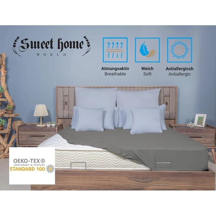 Sweet Home World Spannbettlaken Jersey, 100% Baumwolle, Anthrazit, 140x200 cm – Bild 5