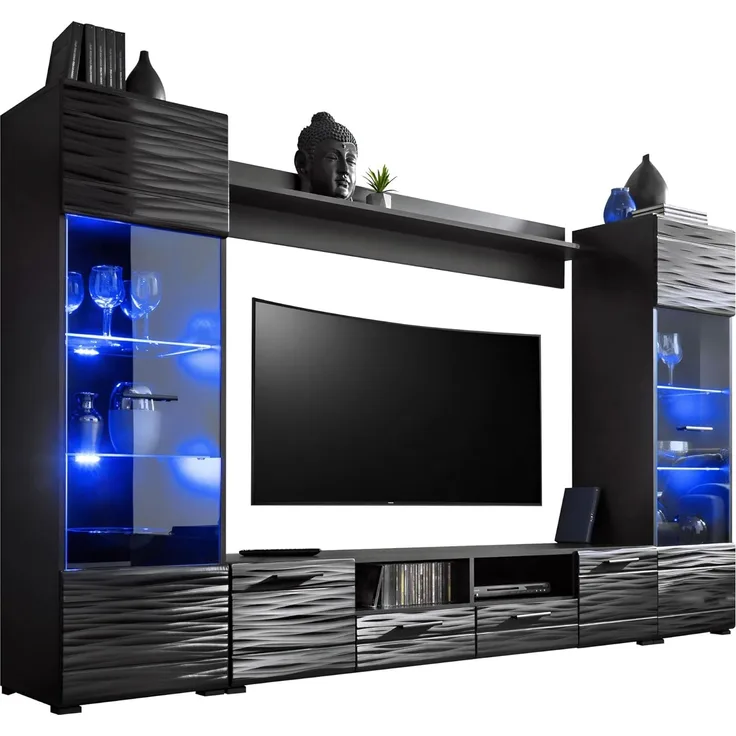 Wohnwand Modica, LED-Beleuchtung mit Fernbedienung (15 veränderbare Farben, 4 Programme), Farbe: Schwarz / Sahara Hochglanz