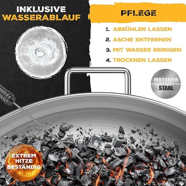 KESSER® Feuerschale mit 2,5 mm Stahldicke, aus Edelstahl / Stahl, inklusive 42cm Feuerhaken aus Gusseisen, Wasserablauf & 2 stabile Griffe, für Holz & Kohle, Ø 60 cm – Bild 2