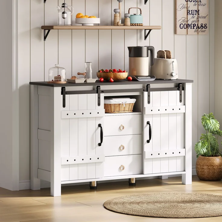 Merax 120 cm Buffetschrank mit Stauraum, Seitenschrank mit Schiebetüren und 3 Schubladen, rustikaler Holz-Kaffeebar-Buffettisch, weiß – Bild 8