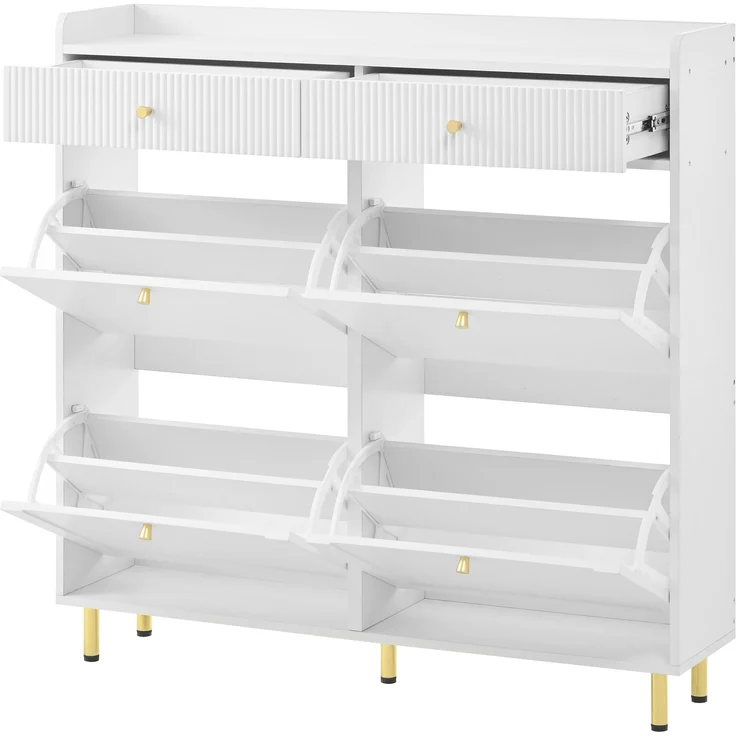 ZUBALIYA Schuhschrank (106,5 x 25 x 105,5 cm), 4 Klappfächer und 2 Schubladen, Verstellbare Einlegeböden, Aus MDF und Spanplatte, Weiß – Bild 10