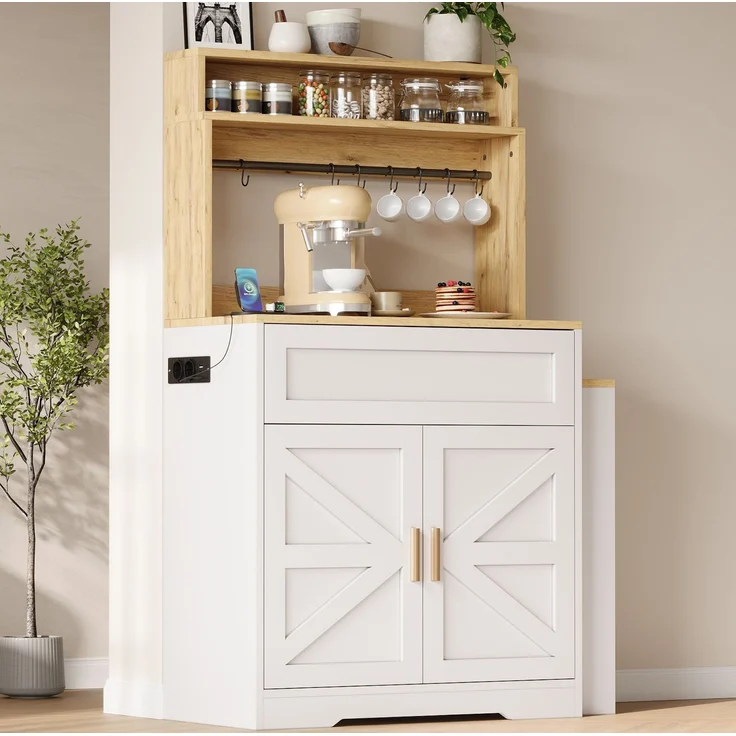 Küchenschrank 144 x 40 x 142 cm in Weiß mit ausziehbarer Arbeitsplatte und Seitenregal – Bild 4