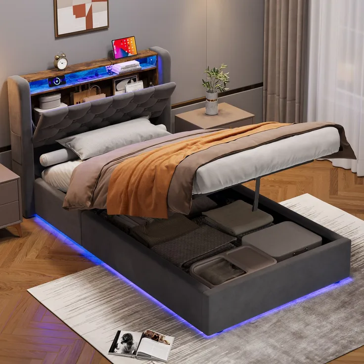 MODFU Polsterbett mit Bettkasten, Holland-Velours, LED, USB/Type-C und Ablage im Kopfteil, 90x200 cm